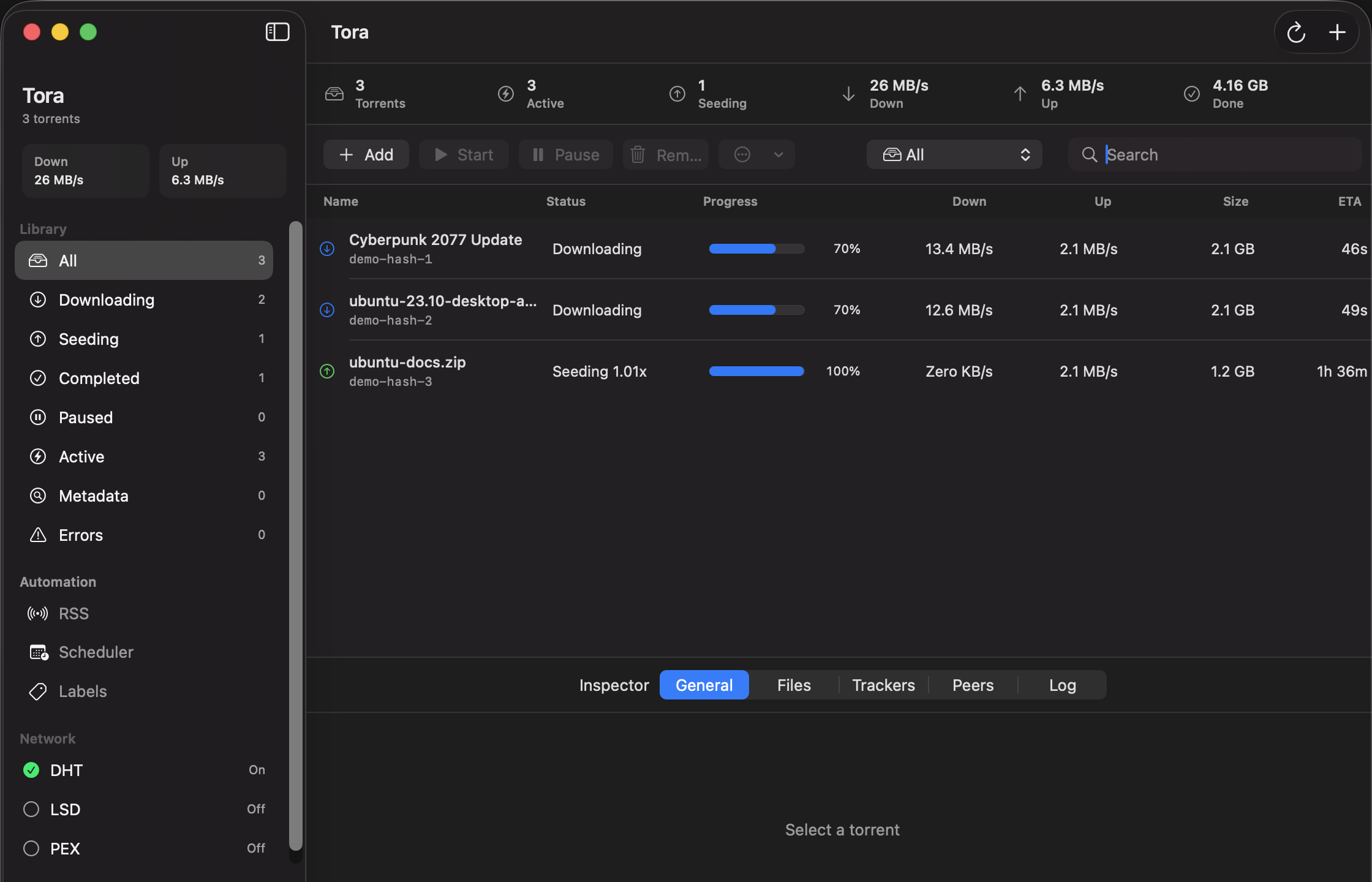 Tora torrent dashboard showing transfers, progress, and torrent details